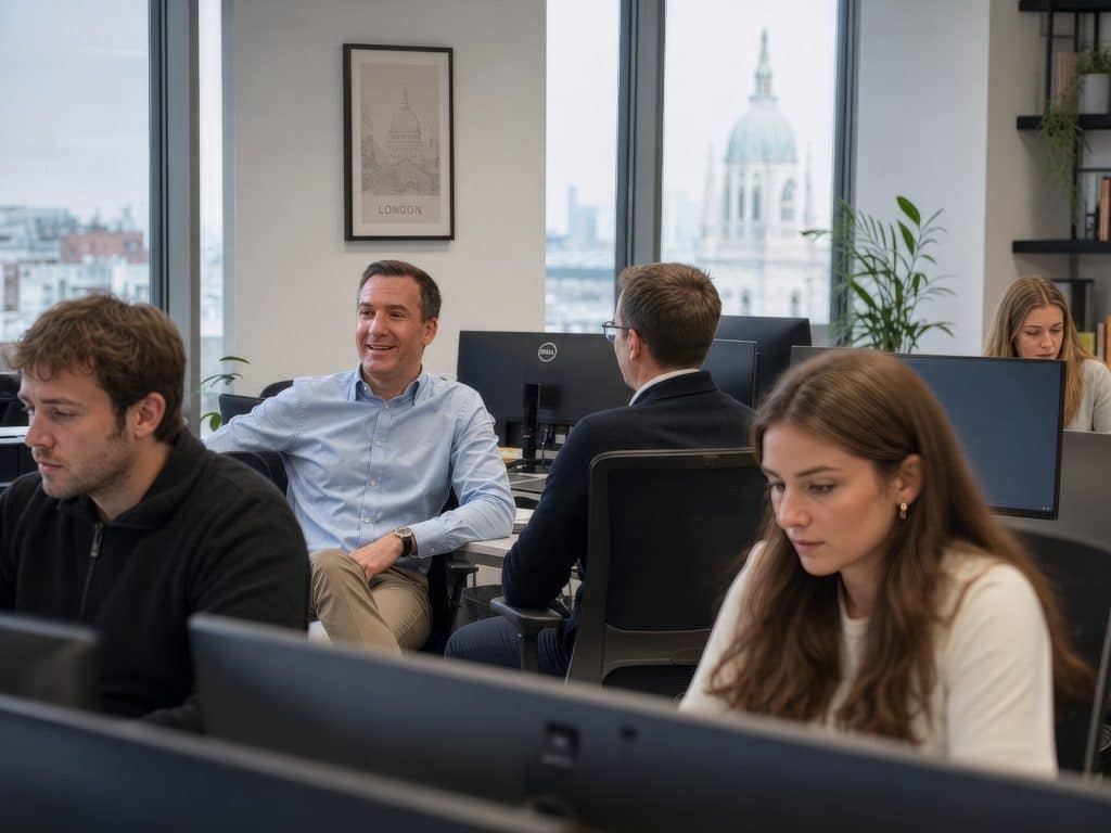 Mark Hurren with the Hurren & Hope team in their London office, with the City skyline behind