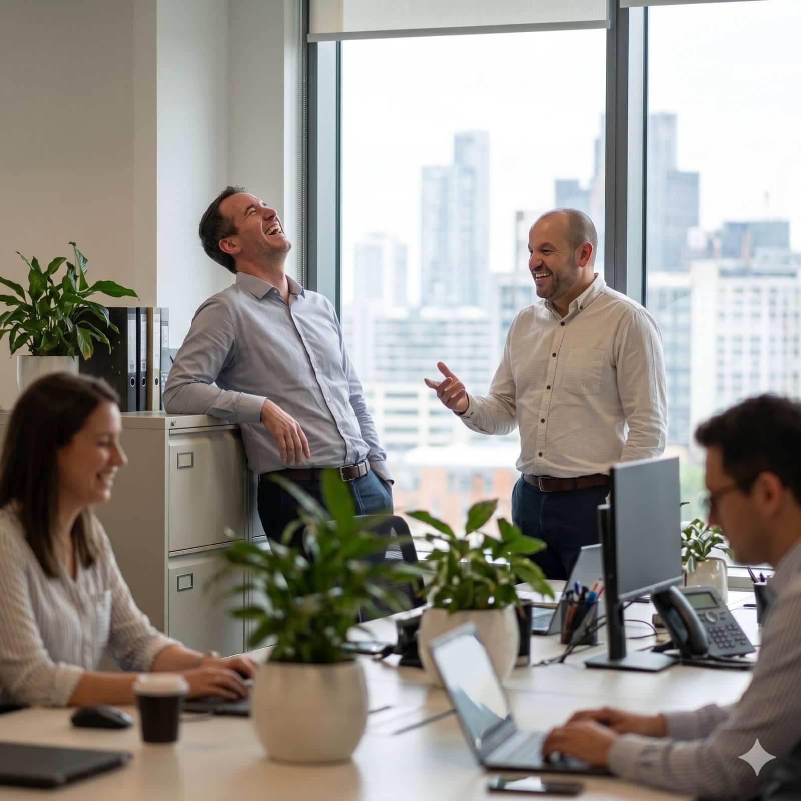 Hurren and Hope founders and team at work in the office, with the City skyline behind