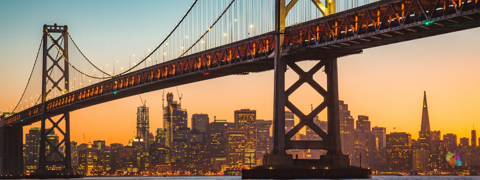 San Francisco skyline and the Bay Bridge at dusk