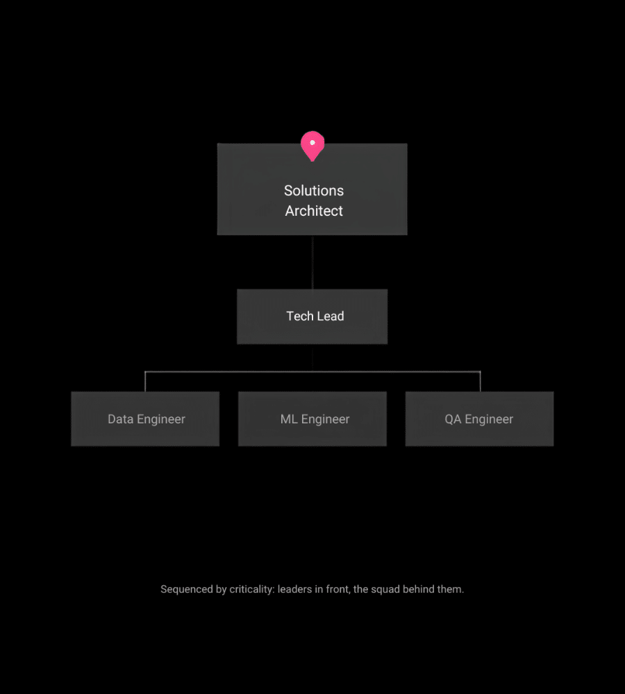 Squad diagram: a solutions architect leading a tech lead and an engineering squad